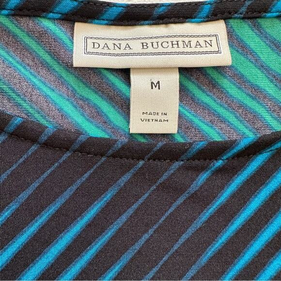 Dana Buchman Tunic Top Green Blue Black Geo Print Scoop Neck Short Sleeve Medium - Picture 2 of 12